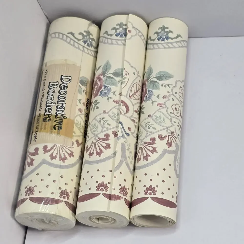 Wallpaper Border Lot 3 Rolls, 1 Full,2ptl Cottage Victorian 5.25” W, Pre-Pasted